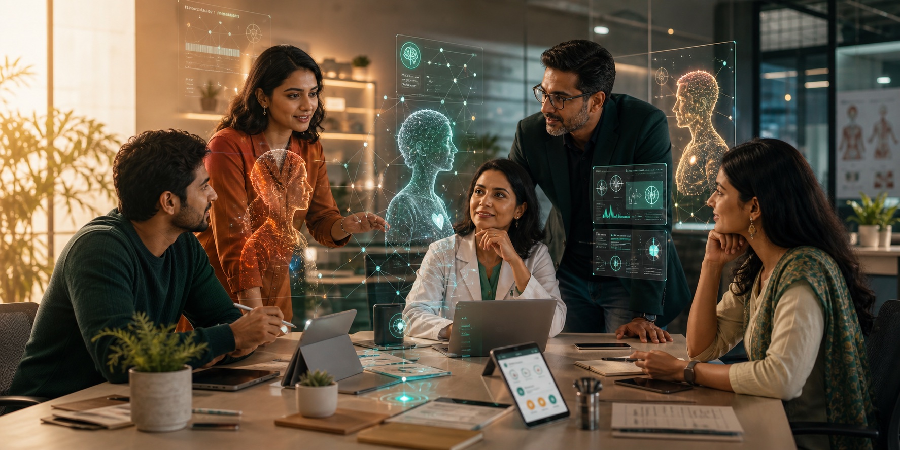 Indian health-tech creators shaping AI personas in a collaborative studio